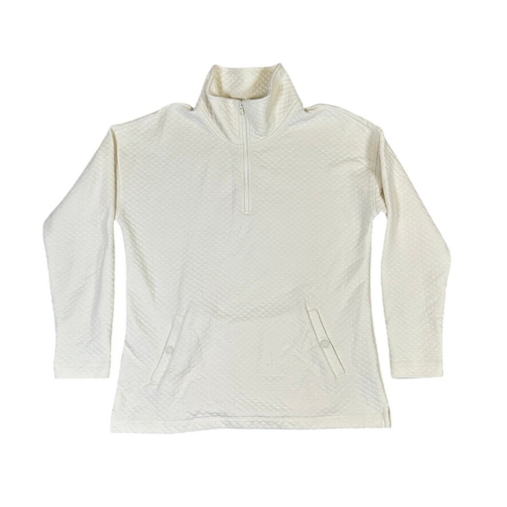 LL Bean Quilted Quarter Zip Pullover Cream Off White Diamond Texture 519257